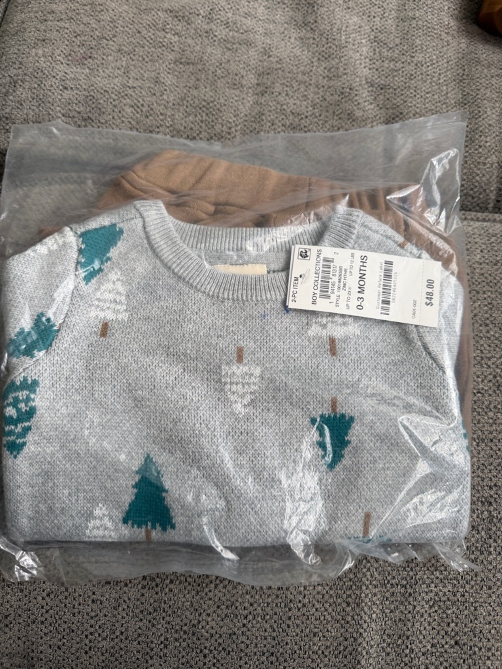First Impressions Light Gray Sweater with pine Tree Motif and pants NWT